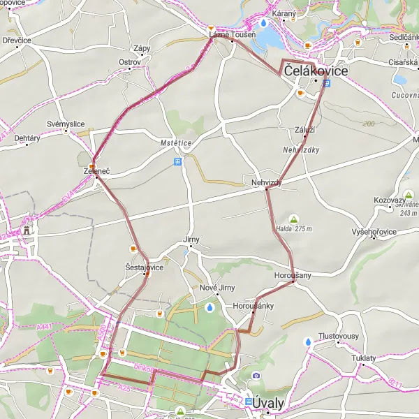 Map miniature of "Nehvizdy and Lázně Toušeň Gravel Loop" cycling inspiration in Střední Čechy, Czech Republic. Generated by Tarmacs.app cycling route planner