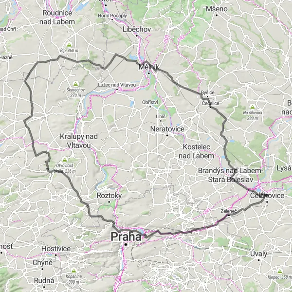 Map miniature of "Zeleneč Countryside Experience" cycling inspiration in Střední Čechy, Czech Republic. Generated by Tarmacs.app cycling route planner