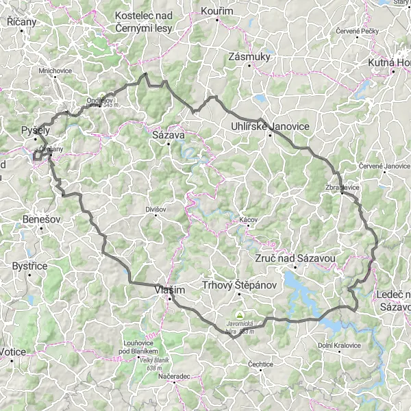 Map miniature of "Czech Countryside Road Race" cycling inspiration in Střední Čechy, Czech Republic. Generated by Tarmacs.app cycling route planner