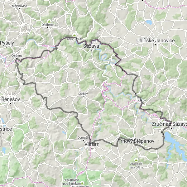 Miniatura mapy "Wielka pętla rowerowa z Čerčan" - trasy rowerowej w Střední Čechy, Czech Republic. Wygenerowane przez planer tras rowerowych Tarmacs.app