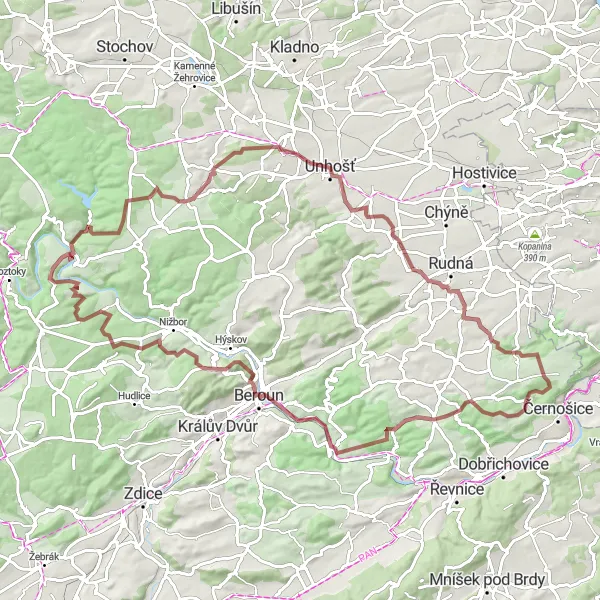 Miniaturní mapa "Gravelová trasa kolem Černošic" inspirace pro cyklisty v oblasti Střední Čechy, Czech Republic. Vytvořeno pomocí plánovače tras Tarmacs.app