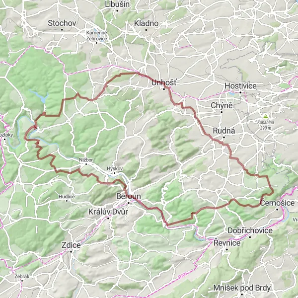 Mapa miniatúra "Gravelová trasa Černošice-Solopisky" cyklistická inšpirácia v Střední Čechy, Czech Republic. Vygenerované cyklistickým plánovačom trás Tarmacs.app