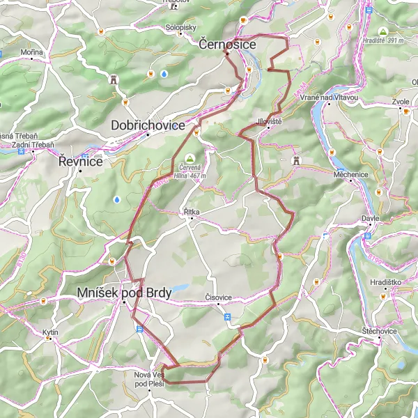 Miniaturní mapa "Okruh Kopanina - Všenory" inspirace pro cyklisty v oblasti Střední Čechy, Czech Republic. Vytvořeno pomocí plánovače tras Tarmacs.app