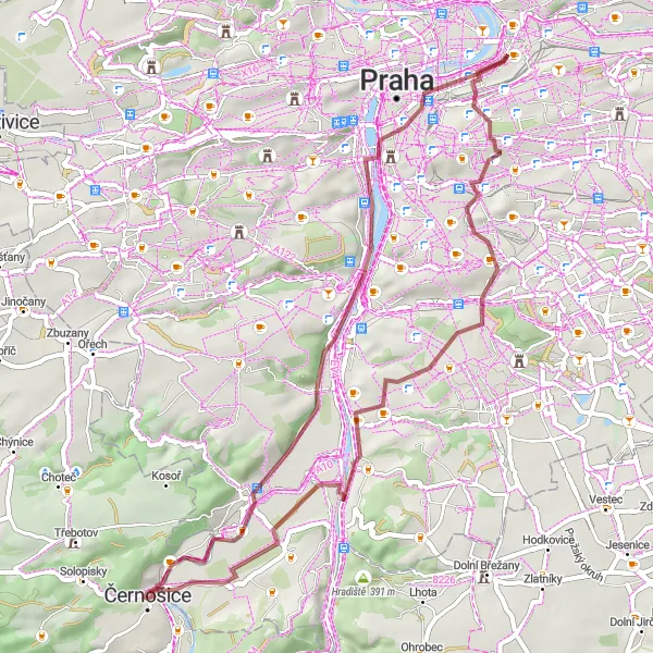 Miniaturní mapa "Gravelová trasa okolo Černošic" inspirace pro cyklisty v oblasti Střední Čechy, Czech Republic. Vytvořeno pomocí plánovače tras Tarmacs.app