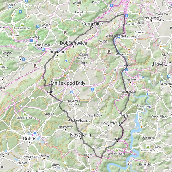 Miniaturní mapa "Okruh Havlín - Řevnice" inspirace pro cyklisty v oblasti Střední Čechy, Czech Republic. Vytvořeno pomocí plánovače tras Tarmacs.app