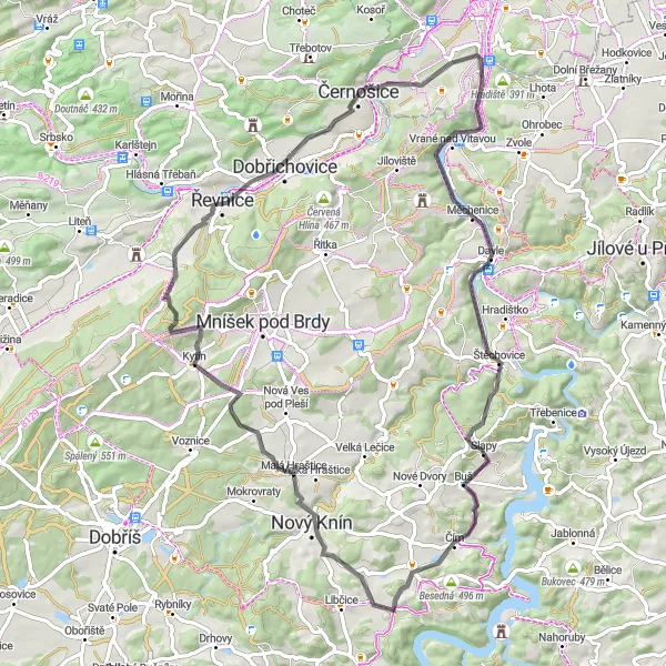 Mapa miniatúra "Cyklotrasa cez Havlín a Řevnice" cyklistická inšpirácia v Střední Čechy, Czech Republic. Vygenerované cyklistickým plánovačom trás Tarmacs.app