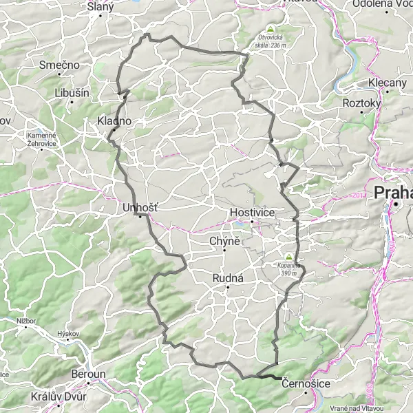 Map miniature of "Hills and Views" cycling inspiration in Střední Čechy, Czech Republic. Generated by Tarmacs.app cycling route planner