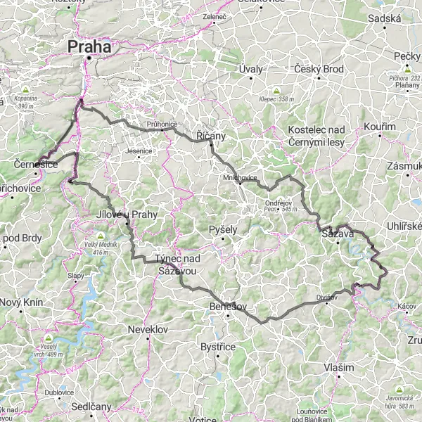 Mapa miniatúra "Road Adventure from Černošice" cyklistická inšpirácia v Střední Čechy, Czech Republic. Vygenerované cyklistickým plánovačom trás Tarmacs.app