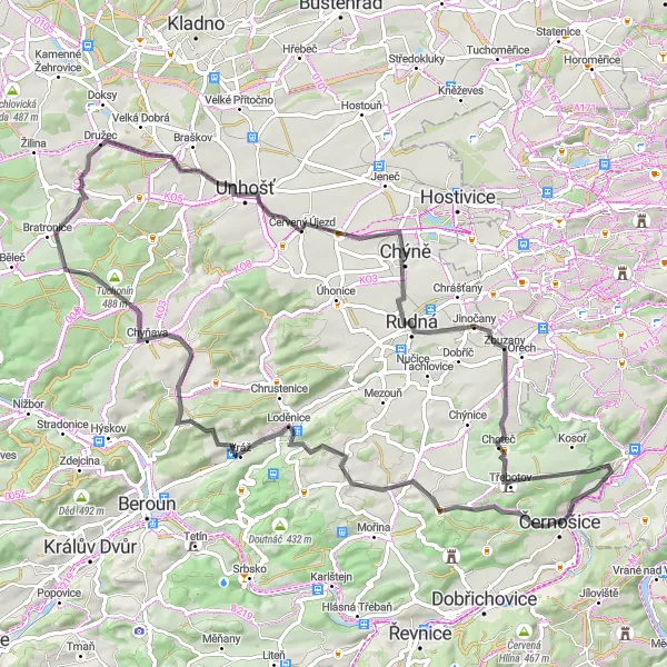 Mapa miniatúra "Cyklotrasa okolo Černošic a Berouna" cyklistická inšpirácia v Střední Čechy, Czech Republic. Vygenerované cyklistickým plánovačom trás Tarmacs.app