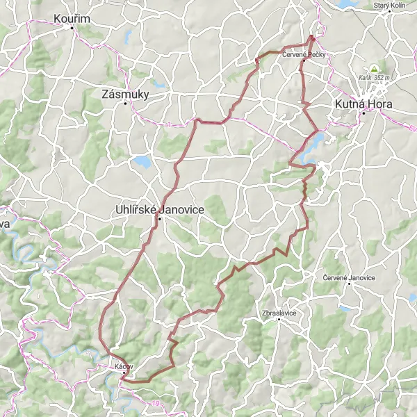 Miniaturní mapa "Okruh na štěrkových cestách z Červených Peček" inspirace pro cyklisty v oblasti Střední Čechy, Czech Republic. Vytvořeno pomocí plánovače tras Tarmacs.app