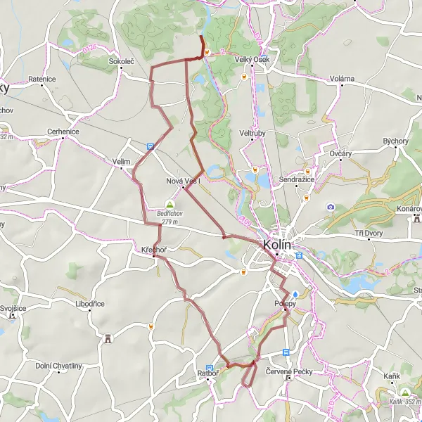 Miniaturní mapa "Gravelová trasa kolem Červených Peček" inspirace pro cyklisty v oblasti Střední Čechy, Czech Republic. Vytvořeno pomocí plánovače tras Tarmacs.app