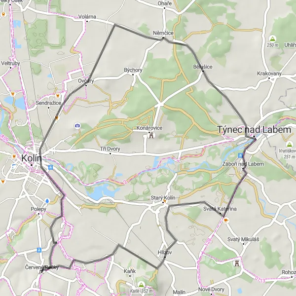 Map miniature of "Ovčáry Loop" cycling inspiration in Střední Čechy, Czech Republic. Generated by Tarmacs.app cycling route planner