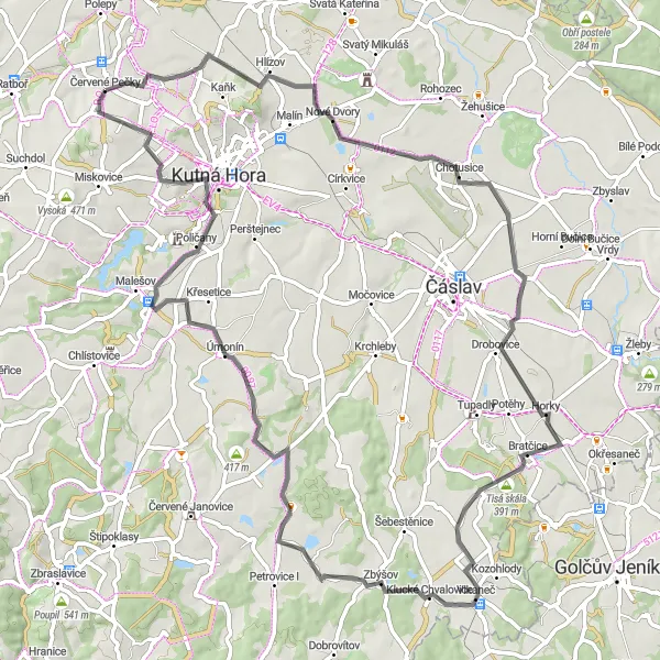 Miniaturní mapa "Výlet kolem Červených Peček" inspirace pro cyklisty v oblasti Střední Čechy, Czech Republic. Vytvořeno pomocí plánovače tras Tarmacs.app