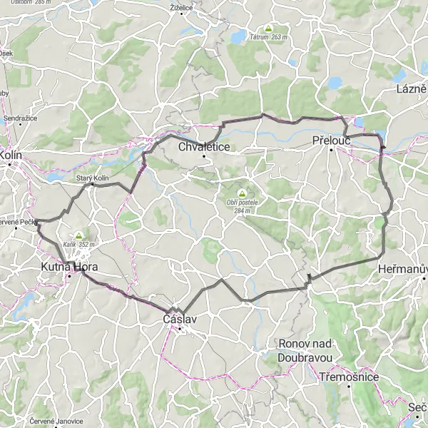 Miniaturní mapa "Okruh po silnici kolem Starého Kolína" inspirace pro cyklisty v oblasti Střední Čechy, Czech Republic. Vytvořeno pomocí plánovače tras Tarmacs.app