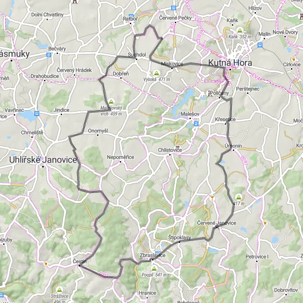 Map miniature of "Enchanting Road Cycling Route near Červené Pečky" cycling inspiration in Střední Čechy, Czech Republic. Generated by Tarmacs.app cycling route planner
