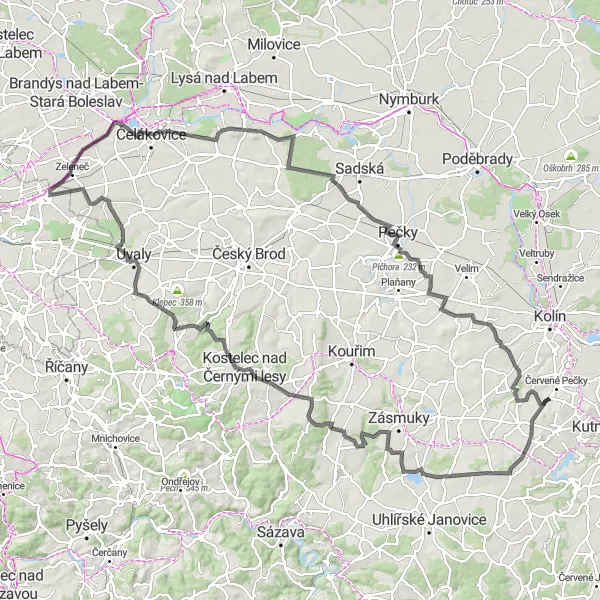 Miniaturní mapa "Dlouhý okruh po silnici kolem Opatovického vrchu" inspirace pro cyklisty v oblasti Střední Čechy, Czech Republic. Vytvořeno pomocí plánovače tras Tarmacs.app