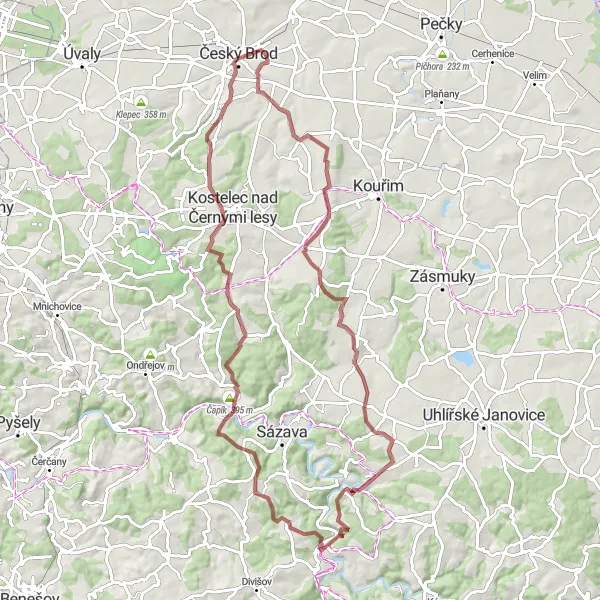 Map miniature of "Přistoupim - Bulánka - Rataje nad Sázavou - Český Šternberk - Čapík - Bohumil - Tuchoraz Gravel Route" cycling inspiration in Střední Čechy, Czech Republic. Generated by Tarmacs.app cycling route planner