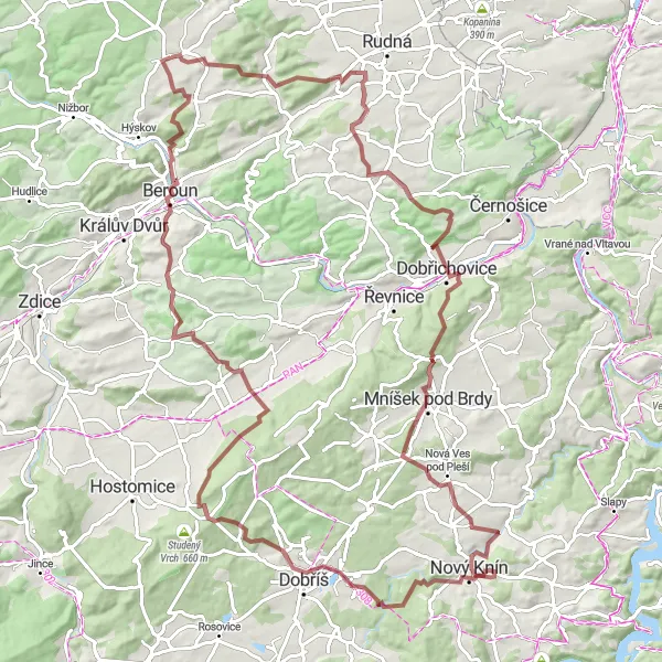 Mapa miniatúra "Gravel cyklistická trasa okolo Středních Čech" cyklistická inšpirácia v Střední Čechy, Czech Republic. Vygenerované cyklistickým plánovačom trás Tarmacs.app