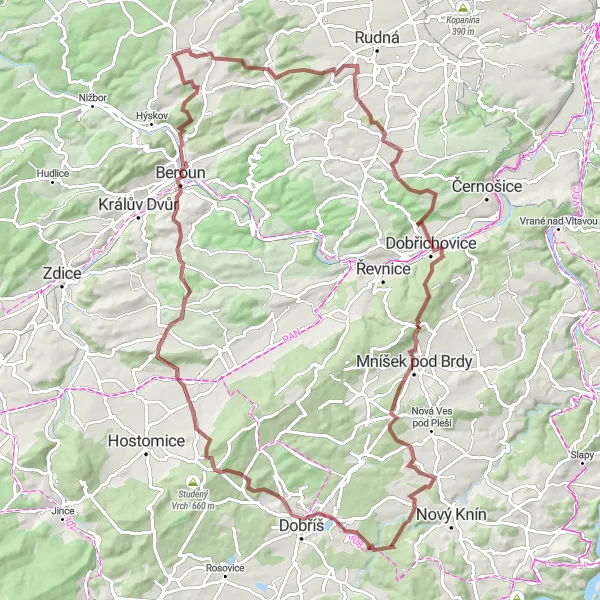 Map miniature of "Chyňava and Beyond Gravel Adventure" cycling inspiration in Střední Čechy, Czech Republic. Generated by Tarmacs.app cycling route planner