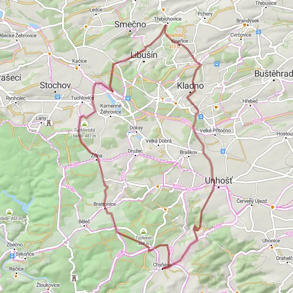 Map miniature of "Chyňava and Surroundings Gravel Loop" cycling inspiration in Střední Čechy, Czech Republic. Generated by Tarmacs.app cycling route planner