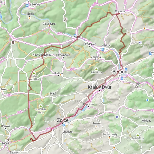 Map miniature of "Chyňava-Beroun-Město Loop" cycling inspiration in Střední Čechy, Czech Republic. Generated by Tarmacs.app cycling route planner