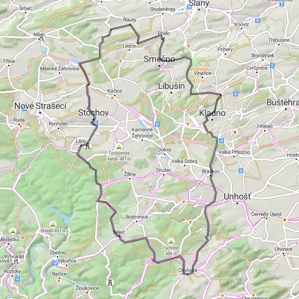 Mapa miniatúra "Cestný okruh cez Střední Čechy" cyklistická inšpirácia v Střední Čechy, Czech Republic. Vygenerované cyklistickým plánovačom trás Tarmacs.app