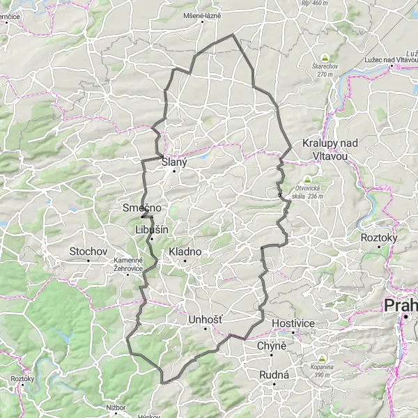 Mapa miniatúra "Cyklistická výzva kolem Středních Čech" cyklistická inšpirácia v Střední Čechy, Czech Republic. Vygenerované cyklistickým plánovačom trás Tarmacs.app