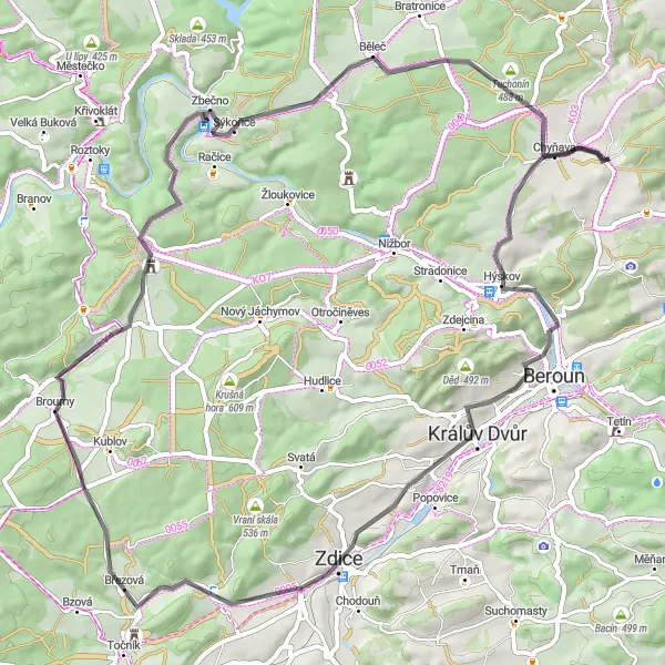 Karten-Miniaturansicht der Radinspiration "Road-Bike-Tour mit herausfordernden Anstiegen" in Střední Čechy, Czech Republic. Erstellt vom Tarmacs.app-Routenplaner für Radtouren