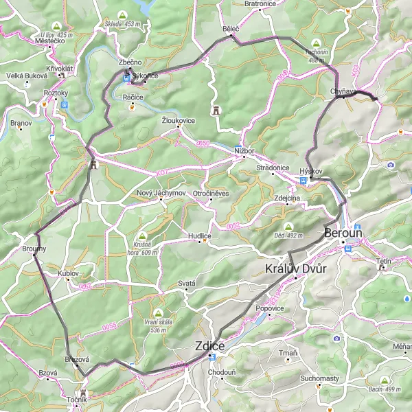 Mapa miniatúra "Okolo Středních Čech na kole" cyklistická inšpirácia v Střední Čechy, Czech Republic. Vygenerované cyklistickým plánovačom trás Tarmacs.app