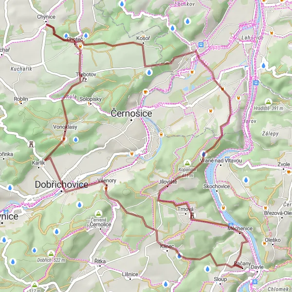 Map miniature of "Scenic Gravel Route to Vonoklasy" cycling inspiration in Střední Čechy, Czech Republic. Generated by Tarmacs.app cycling route planner