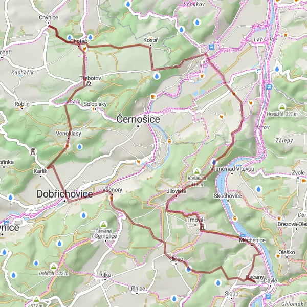 Mapa miniatúra "Gravelová trasa cez Krásnú stráň a Vonoklasy" cyklistická inšpirácia v Střední Čechy, Czech Republic. Vygenerované cyklistickým plánovačom trás Tarmacs.app