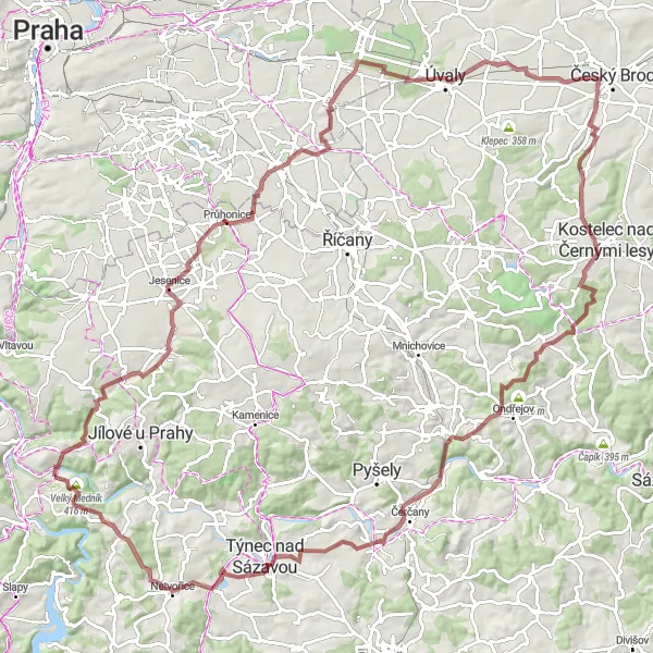 Miniaturní mapa "Okruh kolem Davle a okolí" inspirace pro cyklisty v oblasti Střední Čechy, Czech Republic. Vytvořeno pomocí plánovače tras Tarmacs.app