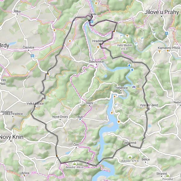 Mapa miniatúra "Okolo Davle k Ďáblovi a zpět" cyklistická inšpirácia v Střední Čechy, Czech Republic. Vygenerované cyklistickým plánovačom trás Tarmacs.app