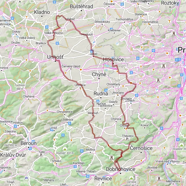 Mapa miniatúra "Gravel trasa kolem Dobřichovic" cyklistická inšpirácia v Střední Čechy, Czech Republic. Vygenerované cyklistickým plánovačom trás Tarmacs.app