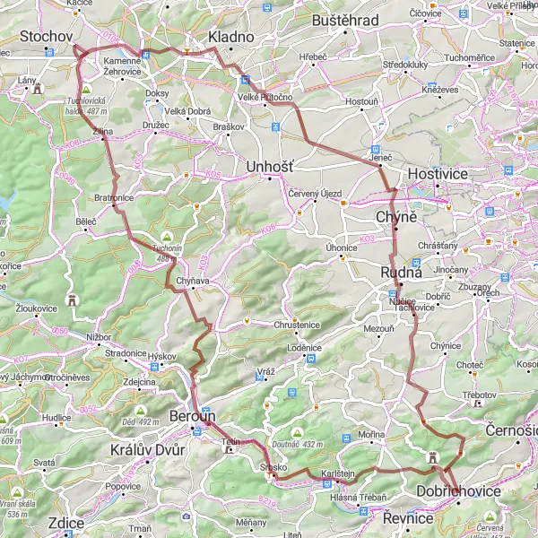 Mapa miniatúra "Gravel trasování od Dobřichovic" cyklistická inšpirácia v Střední Čechy, Czech Republic. Vygenerované cyklistickým plánovačom trás Tarmacs.app