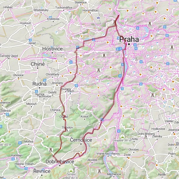 Miniaturní mapa "Gravelová trasa kolem Radotína" inspirace pro cyklisty v oblasti Střední Čechy, Czech Republic. Vytvořeno pomocí plánovače tras Tarmacs.app