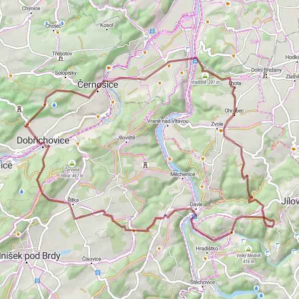 Mapa miniatúra "Cyklotúra po trase gravlových ciest s výstupom na 1038 metrov a dĺžkou 53 km" cyklistická inšpirácia v Střední Čechy, Czech Republic. Vygenerované cyklistickým plánovačom trás Tarmacs.app