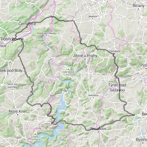 Miniaturní mapa "Cyklotrasa okolo Čisovic" inspirace pro cyklisty v oblasti Střední Čechy, Czech Republic. Vytvořeno pomocí plánovače tras Tarmacs.app