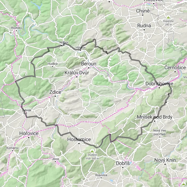 Miniatura mapy "Trasa dookoła Mníška pod Brdami" - trasy rowerowej w Střední Čechy, Czech Republic. Wygenerowane przez planer tras rowerowych Tarmacs.app