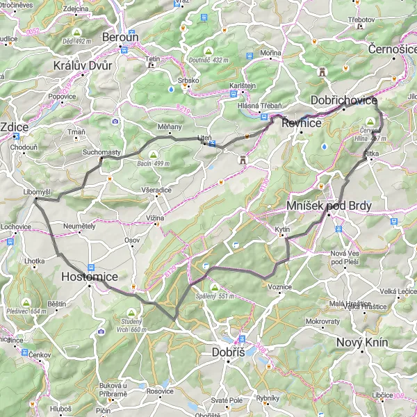 Mapa miniatúra "Cyklostezka Mníšek pod Brdy - Hradec" cyklistická inšpirácia v Střední Čechy, Czech Republic. Vygenerované cyklistickým plánovačom trás Tarmacs.app