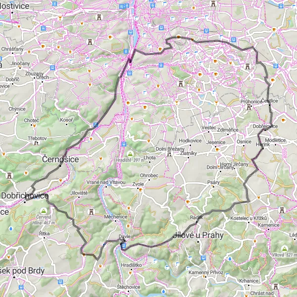 Miniaturní mapa "Výlet na kole k Radějovicím" inspirace pro cyklisty v oblasti Střední Čechy, Czech Republic. Vytvořeno pomocí plánovače tras Tarmacs.app