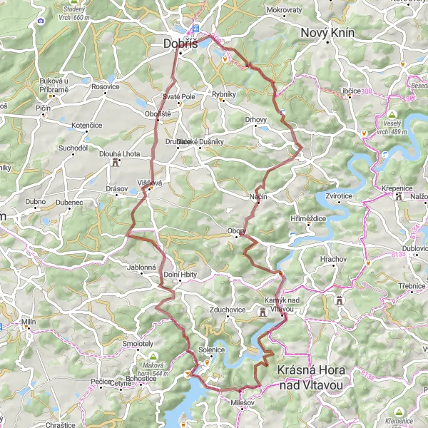 Mapa miniatúra "Cyklotrasa kolem Dobříše" cyklistická inšpirácia v Střední Čechy, Czech Republic. Vygenerované cyklistickým plánovačom trás Tarmacs.app