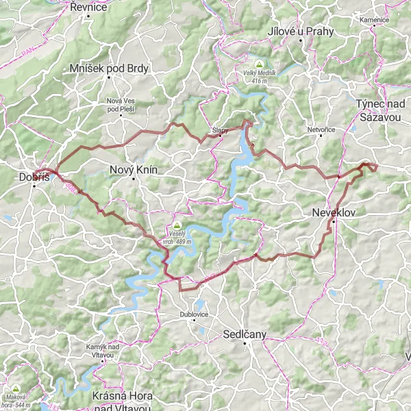 Mapa miniatúra "Gravelová cesta kolem Dobříše" cyklistická inšpirácia v Střední Čechy, Czech Republic. Vygenerované cyklistickým plánovačom trás Tarmacs.app