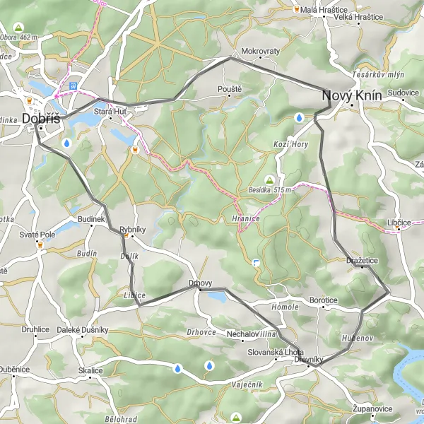 Miniaturní mapa "Lehká cyklotrasa k Dražeticím" inspirace pro cyklisty v oblasti Střední Čechy, Czech Republic. Vytvořeno pomocí plánovače tras Tarmacs.app