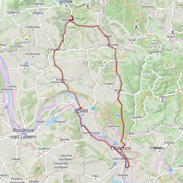 Mapa miniatúra "Gravelová trasa cez Horní Počaply" cyklistická inšpirácia v Střední Čechy, Czech Republic. Vygenerované cyklistickým plánovačom trás Tarmacs.app