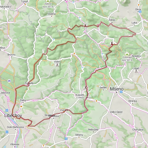 Mapa miniatúra "Gravel okolo Dolních Beřkovic" cyklistická inšpirácia v Střední Čechy, Czech Republic. Vygenerované cyklistickým plánovačom trás Tarmacs.app