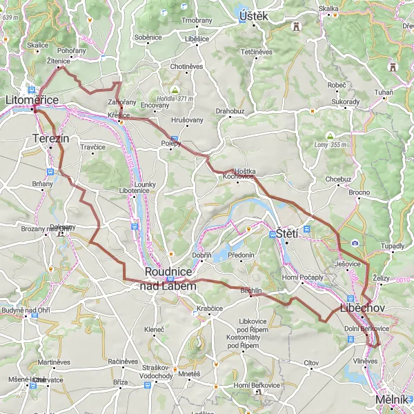 Map miniature of "Up and Down the Gravel Hills" cycling inspiration in Střední Čechy, Czech Republic. Generated by Tarmacs.app cycling route planner