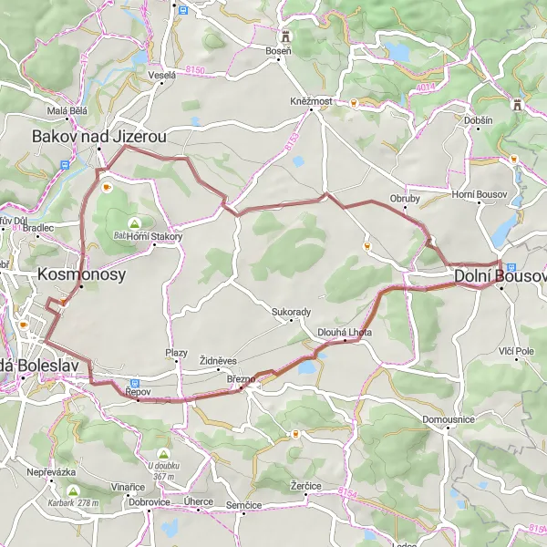 Miniaturní mapa "Gravel cyklostezka kolem Dolního Bousova" inspirace pro cyklisty v oblasti Střední Čechy, Czech Republic. Vytvořeno pomocí plánovače tras Tarmacs.app