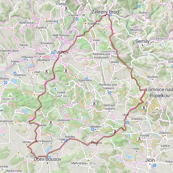 Miniaturní mapa "Gravelová vyjížďka kolem Dolního Bousova" inspirace pro cyklisty v oblasti Střední Čechy, Czech Republic. Vytvořeno pomocí plánovače tras Tarmacs.app