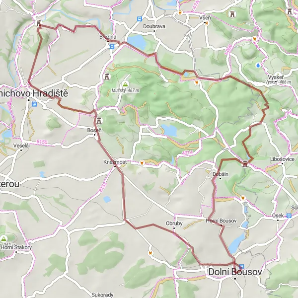 Miniaturní mapa "Gravelová cesta kolem Dolního Bousova" inspirace pro cyklisty v oblasti Střední Čechy, Czech Republic. Vytvořeno pomocí plánovače tras Tarmacs.app